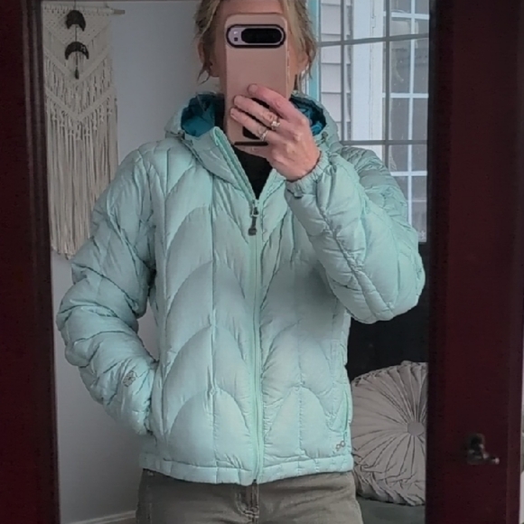 Outdoor Research Women's Light Aqua Hooded Puffer Jacket - Picture 7 of 17